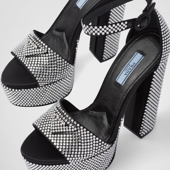 Prada Satin Black Embellished Platform Heels Logo Crystal Pumps Sandals - Picture 2 of 9